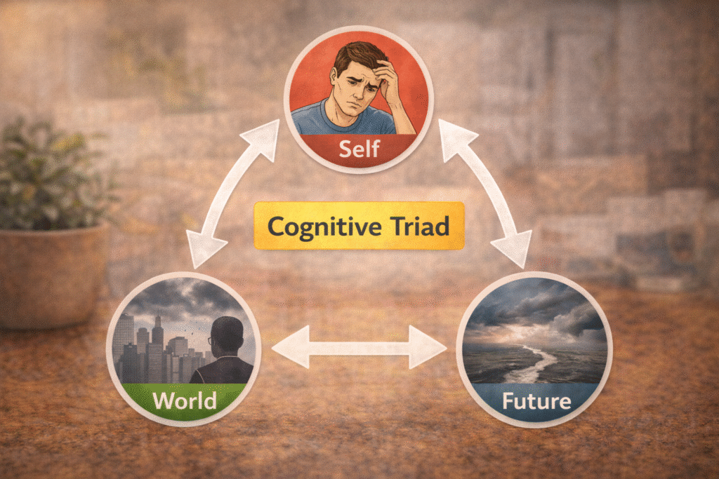 The current image has no alternative text. The file name is: Cognitive-triad-diagram-and-connections.png